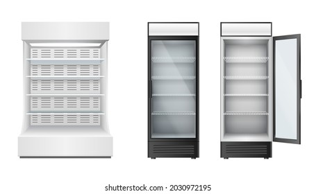 Set of fridges for supermarket or grocery store with glass door and selves for products storage and display. Realistic refrigerators. 3d vector illustration