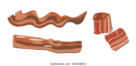 Set Of Fried Bacon Slices, Thin Strips, Delicious Food For Breakfast. Rashers, Smoked Fatty Pork Meat Isolated On White Background. Brisket Or Ham, Tasty Snack. Cartoon Vector Illustration, Clipart