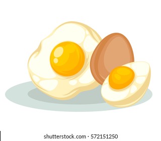 Se ponen huevos de pollo fritos y hervidos. Alimentos saludables para el desayuno proteína natural y yema. Se cortan a medias y huevos enteros. Ilustración vectorial al estilo de las caricaturas, aislada en fondo blanco.