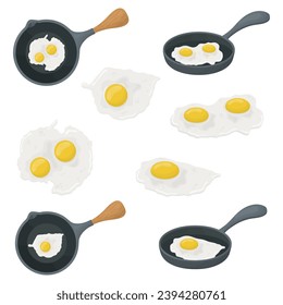 A set of fried chicken eggs. Eggs in a frying pan. Vector illustration.