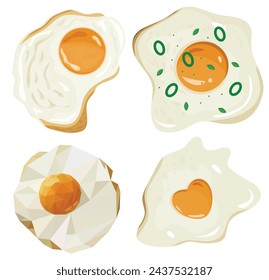 set of fried chicken eggs, one drawn in monochrome style, the other sprinkled with green onion rings, for posters or banners