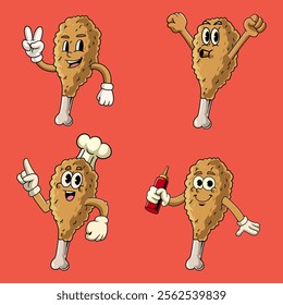 Set of Fried Chicken Junk Food Cartoon Character in Retro 70s Illustration