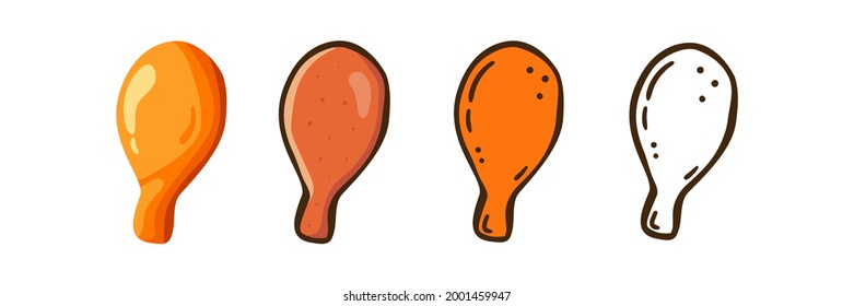 Establecer plantilla de diseño de icono de pierna de pollo frito. Gráfico vectorial de ilustración. dibujos animados.Diseño plano.Esquema y estilo coloreado aislados en fondo blanco. Perfecto para conceptos alimentarios, infografías de dieta.