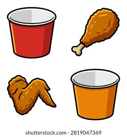 A set of fried chicken pieces and empty paper buckets