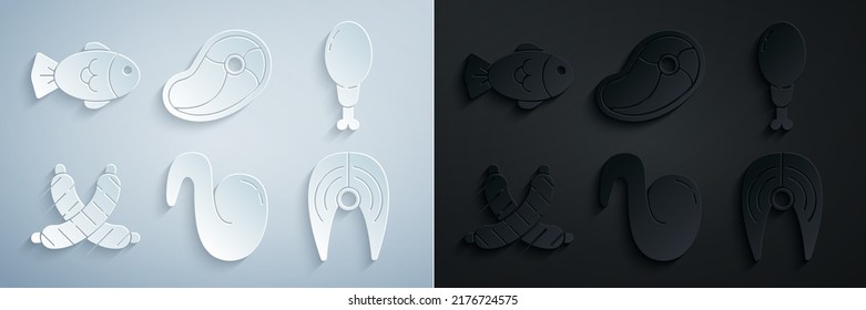 Set Fried chicken wing, Chicken leg, Crossed sausage, Fish steak, Steak meat and  icon. Vector