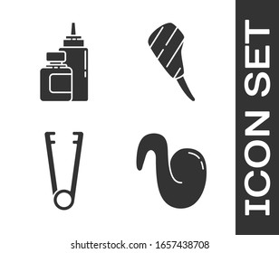 Set Fried chicken wing, Sauce bottle, Meat tongs and Rib eye steak icon. Vector