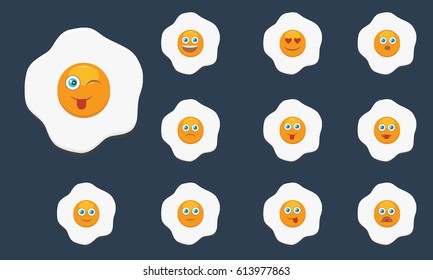 Set of Fried egg with emoji. Flat and solid color design. Breakfast concept