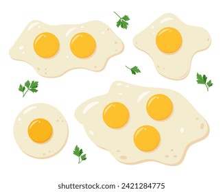 Set of fried egg. One, two and three fried eggs with parsley. Healthy organic food for breakfast. Cooked fried eggs meal. Egg yolk and white. Vector flat illustration isolated on white background.