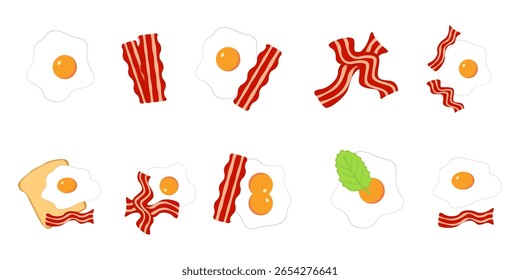  Set of fried eggs and bacon with bread toast Food Illustration Vector