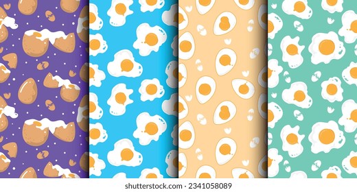 Set of Fried Eggs and Broken eggs seamless patterns.Breakfast background.Vector Seamless Fried Eggs Pattern or Wallpaper.