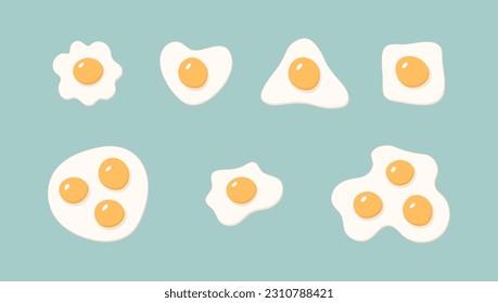 Set of fried eggs in different shapes, round, square, triangle. Isolated vector illustration.