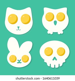 Set of fried eggs isolated on a yellow background. Fried eggs of various forms. Vector illustration in cartoon style.