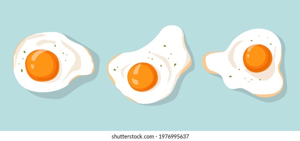 Set of fried eggs isolated on light background. Fast food cartoon style. Cooking lunch, dinner, breakfast. Natural product. Scrambled egg. Flat icon. Vector illustration