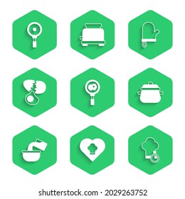 Set Fried eggs on frying pan, Chef hat, Cooking pot, Saucepan, Broken, Oven glove and Frying icon. Vector