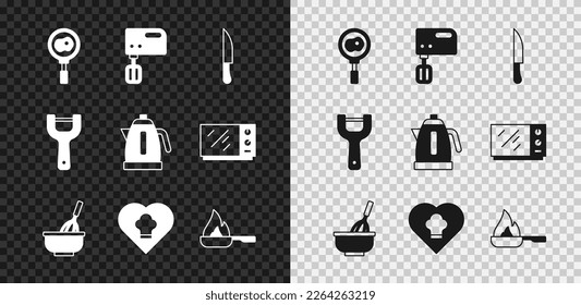 Set Fried eggs on frying pan, Electric mixer, Knife, Kitchen whisk with bowl, Chef hat, Frying, Vegetable peeler and kettle icon. Vector