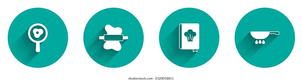 Set Fried eggs on frying pan, Rolling pin dough, Cookbook and Frying fire icon with long shadow. Vector