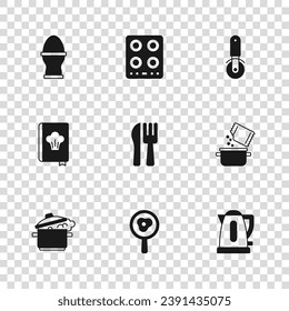 Set Fried eggs on frying pan, Cooking pot and spice, Electric kettle, Crossed knife fork, Pizza, Chicken stand, Gas stove and Cookbook icon. Vector