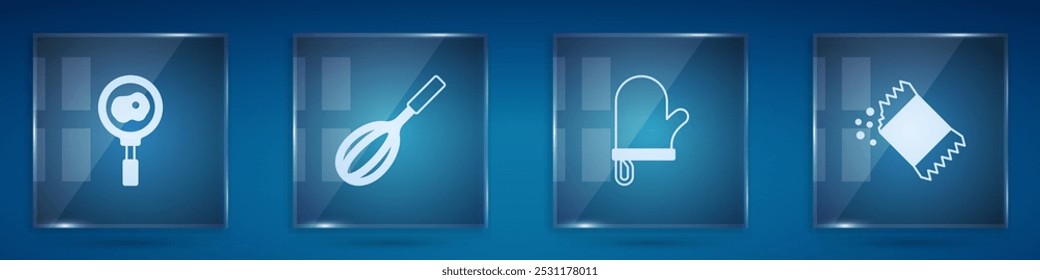 Set Fried eggs on frying pan, Kitchen whisk, Oven glove and Packet of pepper. Square glass panels. Vector