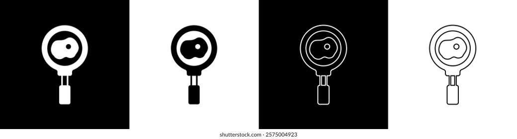Set Fried eggs on frying pan icon isolated on black and white background. Fry or roast food symbol.  Vector
