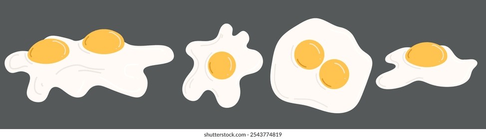 Set of fried eggs with one or two yellow yolks with side or top view. Hand drawn vector illustration in flat style. Tasty breakfast meal, natural product, healthy nutrition, kitchen design, sticker