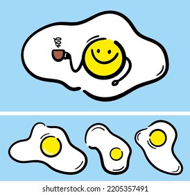 Set of fried eggs with yellow yolks on blue background. Morning breakfast happy illustration with smile and a cup of coffee.