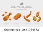 A Set of Fried Food 3D Vector Items: Fried Chicken Drumstick, Popcorn Chicken, Fried Pork Cutlet, Tempura Shrimp, Tempura Onion Rings, Pumpkin Tempura, Zucchini Tempura