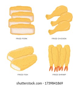 Set of Fried food isolated on a white background. Cartoon Vector illustration