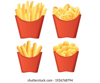 Set of fried food in red cardboard boxes french fries onion and cheese bread sticks vector illustration on white background