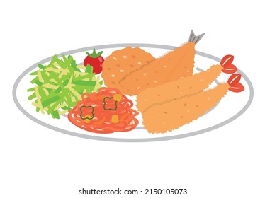 A set of fried foods such as fried shrimp and deep-fried horse mackerel on a plate. Vector illustration.