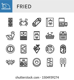 Set of fried icons such as Chicken, Donut, Crab, Burrito, Cereals, Nuggets, Onion rings, Nachos, Chicken leg, Cheburek, Fish and chips, Fried eggs, Chicken wings, Corn dog , fried