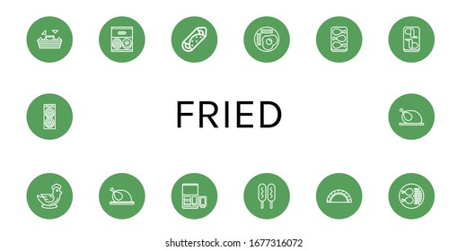 Set of fried icons. Such as Nachos, Donut, Burrito, Fried eggs, Chicken leg, Chicken wings, Chicken, Nuggets, Corn dog, Cheburek , fried icons