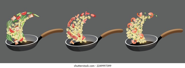 set of fried rice cooking in a pan vector illustration
