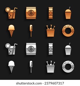 Set Fried sausage, Milkshake, Donut, Chicken leg in package box, Ice cream waffle cone, Chocolate bar, Cocktail and Hard bread chucks crackers icon. Vector