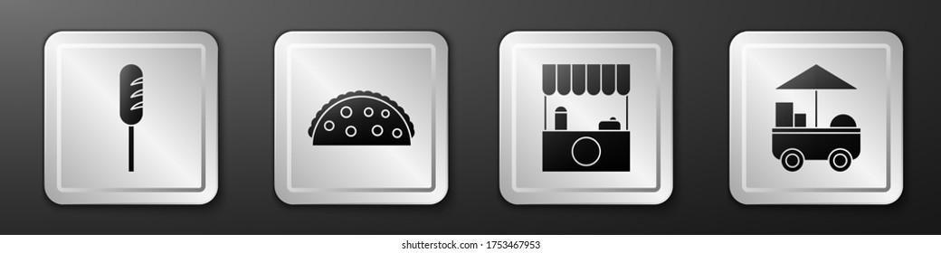 Set Fried sausage, Taco with tortilla, Street stall with awning and Fast street food cart icon. Silver square button. Vector