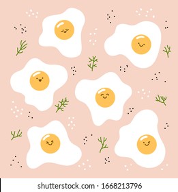 Set of Fried smiling eggs with dill, salt and pepper on pink background. Vector illustration in cartoon style. Flat omelet for your design creativities. 