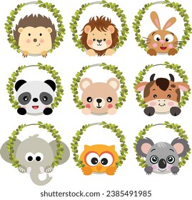 Set of friendly animals peeking out of round leaves frame