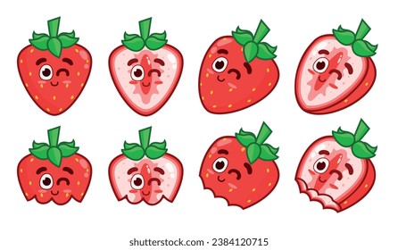 Set of friendly strawberries. Animated fruit character. Whole strawberries, halves, and bitten ones.