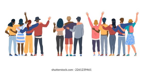 Set of Friends from behind. Back view. Guys and girls hug each other, celebrate event and stand together. Community of people with good relationships. Cartoon flat vector collection isolated on white