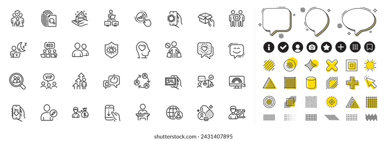 Set of Friends chat, Graph chart and Hold box line icons for web app. Design elements, Social media icons. Eye protection, Employees teamwork, Download app icons. Vector