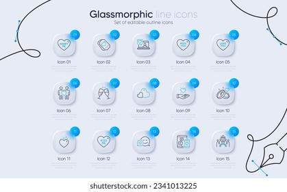 Set of Friends chat, Miss you and Dating line icons for web app. Hold heart, Care, Friends couple icons. Love you, Marry me, Love ticket signs. Social media, Inclusion, Kiss me. Vector