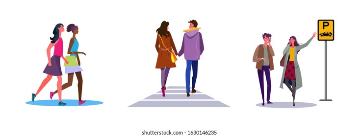 Set of friends and couples going out to downtown. Flat vector illustrations of people ordering taxi by call. Walking, going out, public transport concept for banner, website design or landing web page