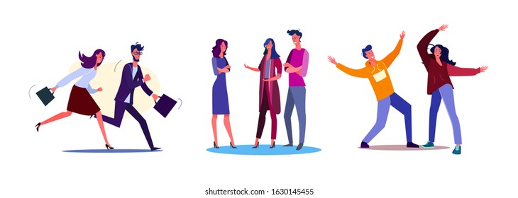 Set of friends dancing and talking at party. Flat vector illustrations of business people rushing to work. Deadline, going out, conversation concept for banner, website design or landing web page