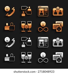Establecer amigos bebiendo alcohol, para siempre, mensajes de chat en la computadora portátil, mejores amigos de BFF, App de citas en línea, llamada entrante móvil y dos hombres sentados hablando icono. Vector