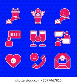 Set Friends drinking alcohol, Incoming call on mobile, Envelope with Valentine heart, Two sitting men talking, Good relationship, Acquaintance, Happy friendship day and Give gift icon. Vector