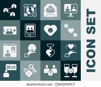 Set Friends drinking alcohol, Pleasant relationship, Romantic, Envelope with Valentine heart, Family photo, Selfie mobile, BFF or best friends forever and Good icon. Vector
