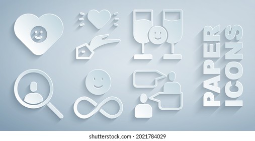 Set Friends forever, drinking alcohol, Magnifying glass search, Two sitting men talking, Pleasant relationship and Good icon. Vector