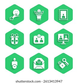 Set Friends forever, Envelope with Valentine heart, Lock key, Video chat conference, Loss of friend, Gift box, Picture frame and Happy friendship day icon. Vector