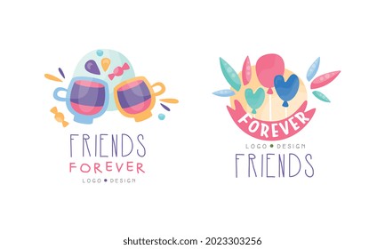 Set of Friends Forever Logo, Happy Friendship Hand Drawn Badges, Banner, Poster, Card, T-shirt Design Vector Illustration