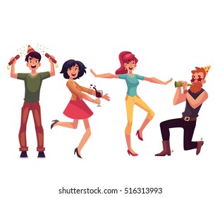 Set of friends having fun at a birthday party, cartoon vector illustration isolated on white background. Boys and girls dancing, popping party poppers, blowing birthday horns and having fun together