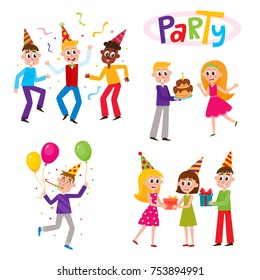Set of friends having fun at birthday party, dancing, giving gifts, birthday cake, cartoon vector illustration isolated on white background. Young people, boys and girls, dancing, giving gifts